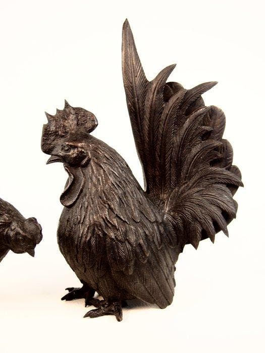 Brons - Masaaki  - Japanse bronzen paar hanen en kippen na, Antiek en Kunst, Antiek | Overige Antiek