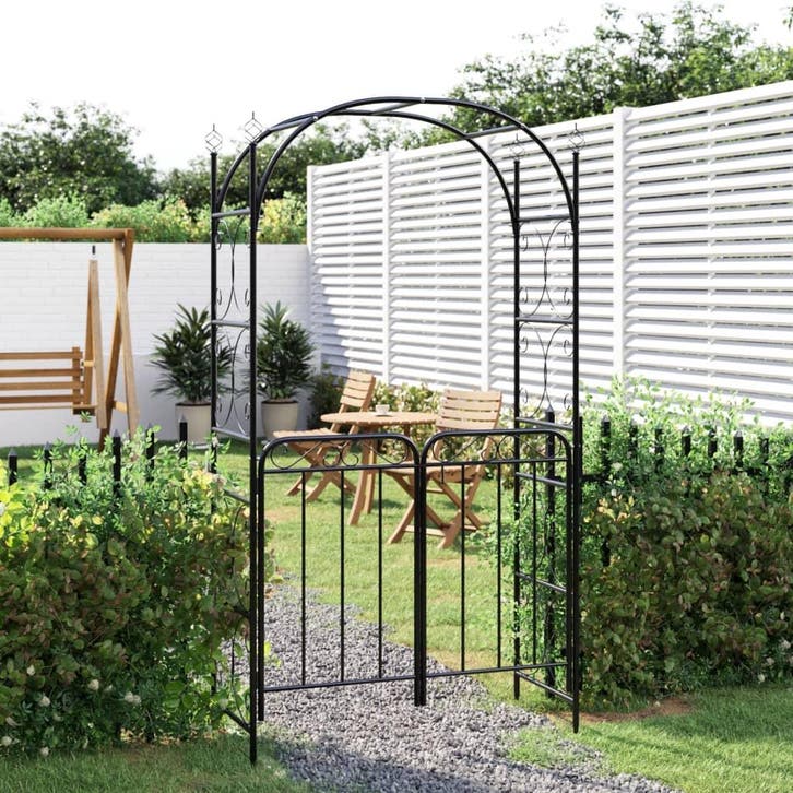 vidaXL Tuinboog met poort 108x45x235 cm staal zwart, Jardin & Terrasse, Poteaux, Poutres & Planches, Envoi