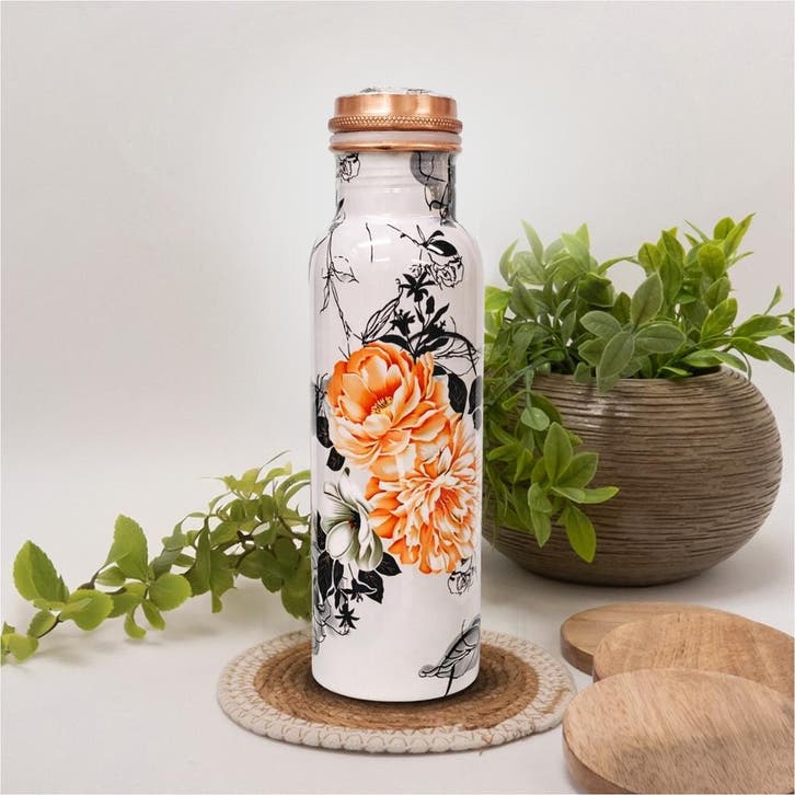 Puur koperen waterfles bloemenprint wit ± 750 ml/270 g, Sport en Fitness, Gezondheidsproducten en Wellness, Ophalen of Verzenden
