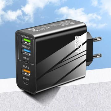 5-Poort GaN Stekkerlader 65W - PD / Quick Charge 3.0 / USB, Verzenden