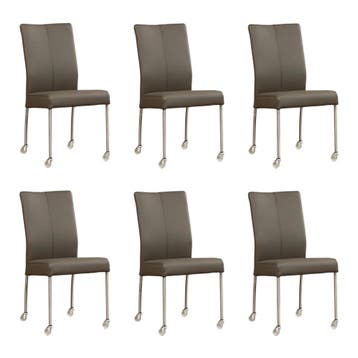 Set van 6 Leren eetkamerstoelen Comfort met wieltjes -, Ophalen of Verzenden, Nieuw, Leer, Eén