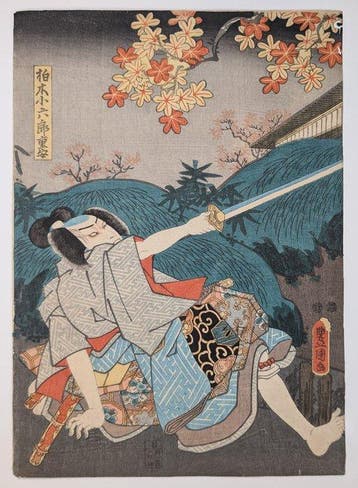 KUNISADA — Zwaardgevecht bij maanlicht — Kabuki-triptiek,