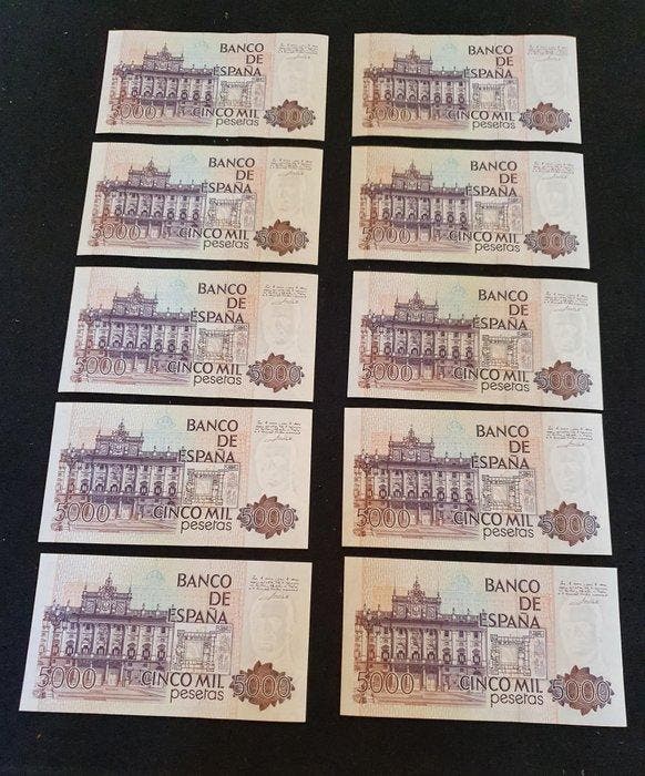 Spanje. - 10 x 5000 Pesetas - 1979 - Consecutive - Pick 160, Timbres & Monnaies, Billets de banque | Europe | Billets non-euro