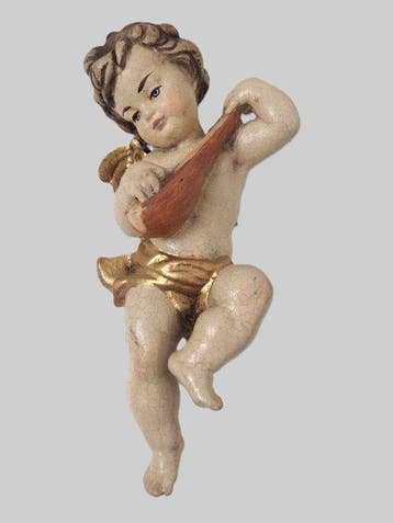 Snijwerk, Holzfigur - farbiger Engel mit Mandoline -