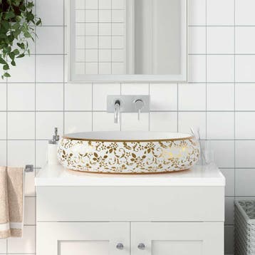 vidaXL Opzetwasbak ovaal 59x40x15 cm keramiek wit en goud, Verzenden, Nieuw