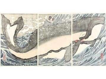 Miyamoto Musashi die een walvis trotseert. - Utagawa