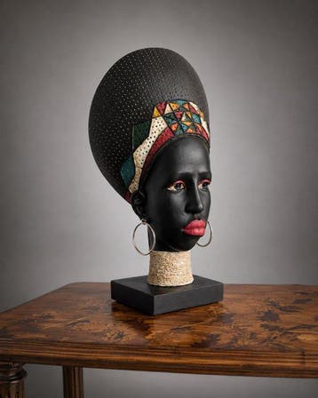 Buste, Afrikaanse vrouw – Sculpturale buste met kleurrijke, Antiek en Kunst