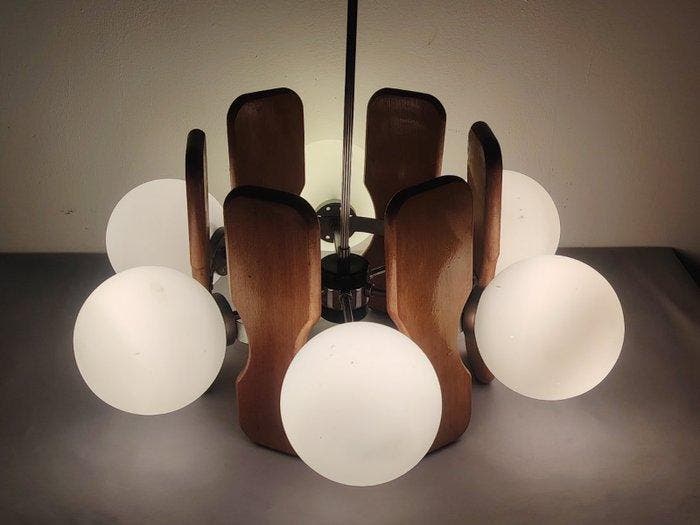 Plafondlamp - Glass-Wooden - Een SpaceAge hanglamp, Antiek en Kunst, Curiosa en Brocante