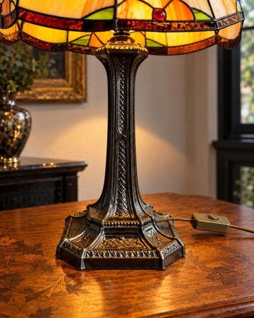 Lamp - Glas-in-lood kap – Florale decoratie - Glas, Lood,, Antiek en Kunst