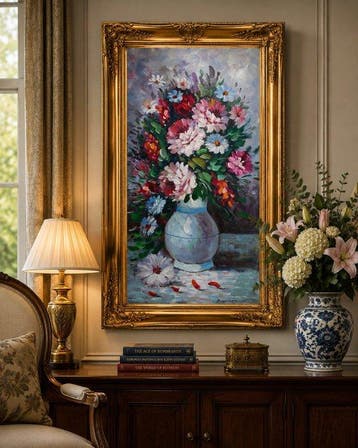 Benson - Colourful Floral Still Life in White Vase, Antiquités & Art