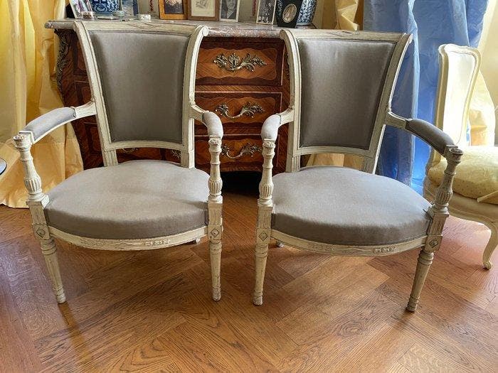 Cabriolet (meuble) - Hêtre, peint polychrome - Deux chaises, Antiquités & Art, Antiquités | Meubles | Chaises & Canapés