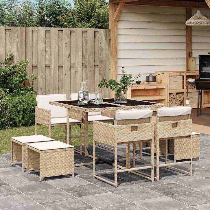 vidaXL 9-delige Tuinset met kussens poly rattan beige, Tuin en Terras, Tuinsets en Loungesets, Tuinset, Nieuw, Verzenden