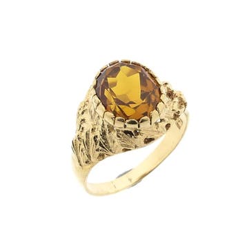 Gouden ring met synthetische oranje saffier, Handtassen en Accessoires, Ringen, Gebruikt, Oranje, Ophalen of Verzenden, 17 tot 18