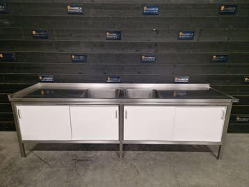 Werkbank | 2 wasbakken | trespa | RVS | 285 cm | horeca, Gebruikt