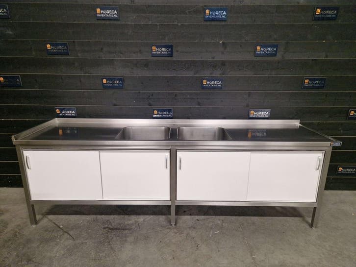 Werkbank | 2 wasbakken | trespa | RVS | 285 cm | horeca, Zakelijke goederen, Horeca | Meubilair en Inrichting, Gebruikt