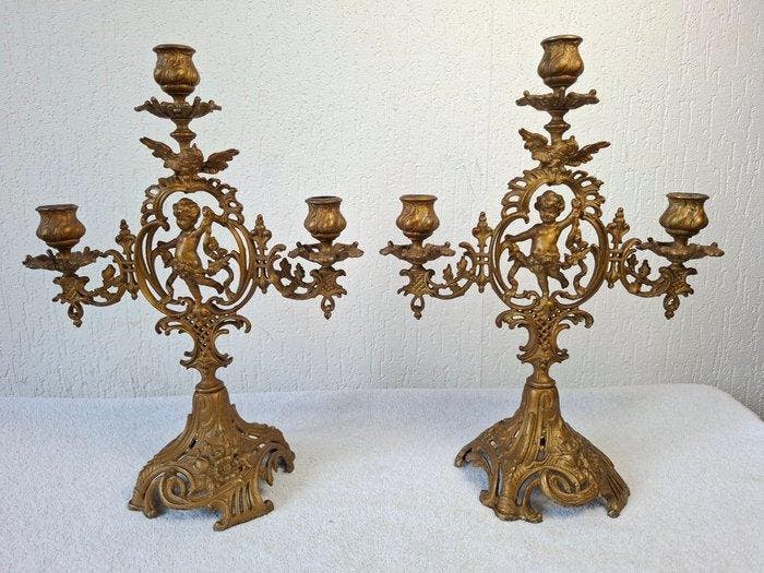Kandelaar (2) - Verguld brons - cherubijn en adelaar, Antiek en Kunst, Curiosa en Brocante
