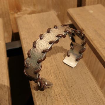Zilveren JWLZ klemarmband met leer; Maat S/M (Slavenarmband), Ophalen of Verzenden, Gebruikt, Zilver, Zilver