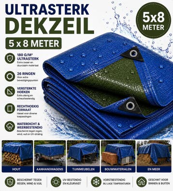 Dekzeil 5 x 8 m, 180 g/m² ultrasterk, 26 ringen, versterk.., Doe-het-zelf en Bouw, Zeil en Folie, Ophalen of Verzenden, Nieuw