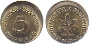 Duitsland Fehlpraegung 5 Pfennig 1950 F dezentriert gepra..., Verzenden