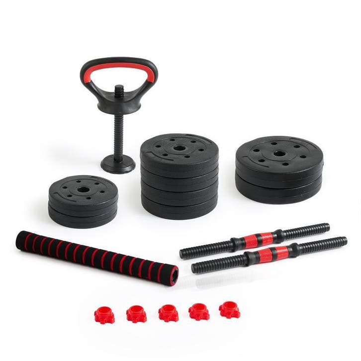 Halterset met stang, gewichten en kettlebell - 18 kg totaal, Sport en Fitness, Fitnessmaterialen, Nieuw, Verzenden