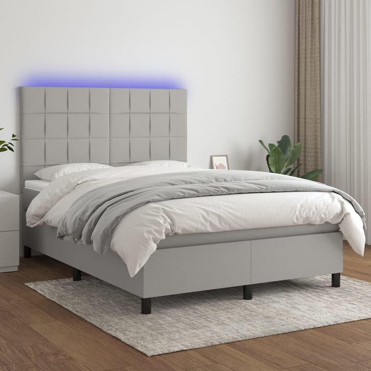vidaXL Boxspring met matras en LED stof lichtgrijs 140x200, Maison & Meubles, Chambre à coucher | Lits, Envoi