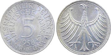 5 Mark Duitsland 5 Dm duitse Mark zilveradler 1958d bankf..., Verzenden