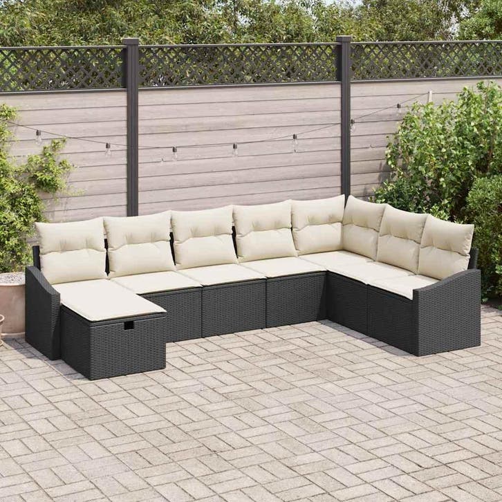 vidaXL Tuinbank Set met kussen 8 pcs Zwart Poly rattan, Jardin & Terrasse, Ensembles de jardin, Envoi