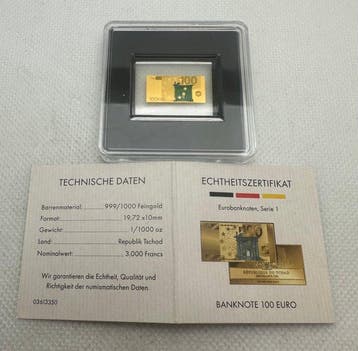 Tsjaad. Gold Bar ND, 100 euro , 1/1000 Oz oro (.999) (Zonder