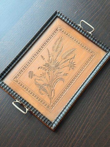 Antique Black-Brown Hand-Carved Floral Tray with Glass,