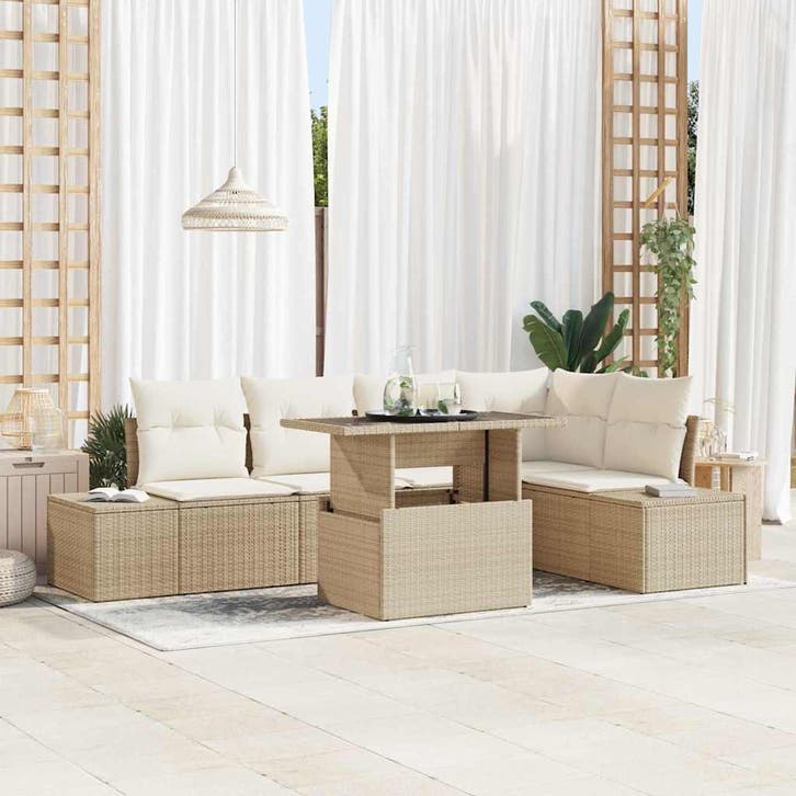 vidaXL Tuinbank Set met opslag 6 pcs Beige Poly rattan, Jardin & Terrasse, Ensembles de jardin, Envoi
