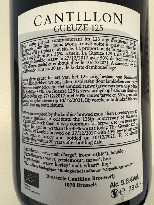 Cantillon - Gueuze 125 - 75cl, Verzamelen, Wijnen
