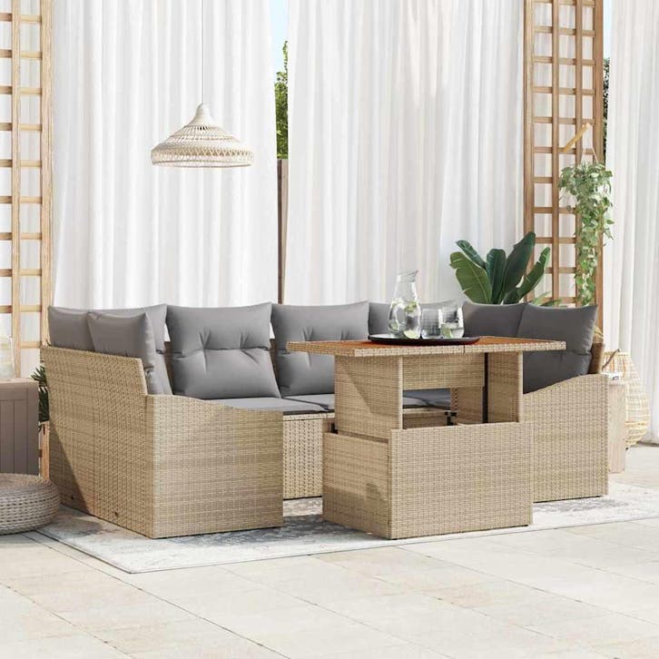 vidaXL Tuinbank Set 7 st Beige Poly rattan, Tuin en Terras, Tuinsets en Loungesets, Nieuw, Verzenden