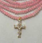 Ketting, ZEER LANG, (250 cm) van Rozenkwarts met Katholiek