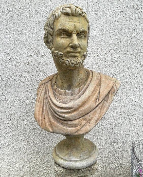 Sculptuuur voor buiten, Buste de Marc Aurèle - 65 cm - Steen, Antiquités & Art, Curiosités & Brocante