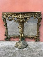 Console - Bois, Marbre, Verre - Console dorée avec miroir