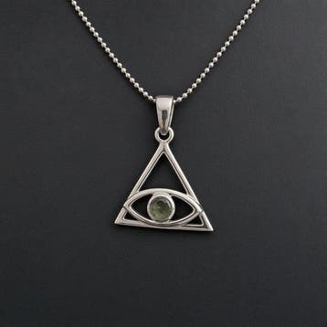 MOLDAVITE. Pendentif Œil de la Providence avec sa chaîne.