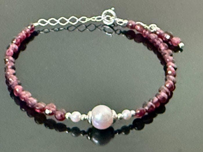 Parel - Zilver - Armband - Akoya parels, granaat, Verzamelen, Mineralen en Fossielen