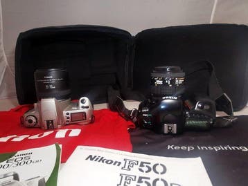 Canon, Nikon F50 + lens + Canon Eos 300 + lens + Borsa, Nieuw