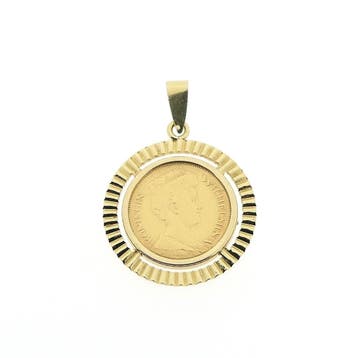 Gouden hanger van 5 gulden munt; Koningin Wilhelmina 1912, Ophalen of Verzenden