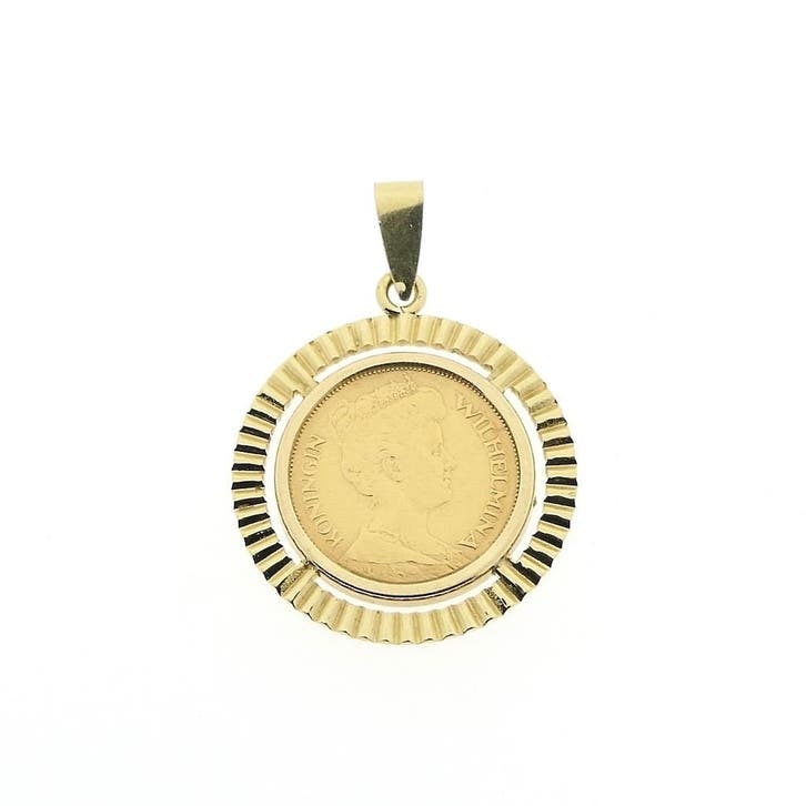 Gouden hanger van 5 gulden munt; Koningin Wilhelmina 1912, Bijoux, Sacs & Beauté, Bracelets à breloques, Enlèvement ou Envoi