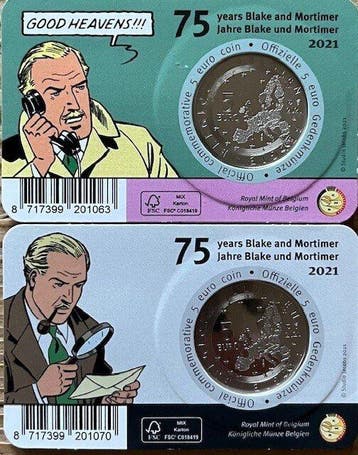 Belgique. 5 Euro 2021 Blake et Mortimer (2 coincards), Timbres & Monnaies
