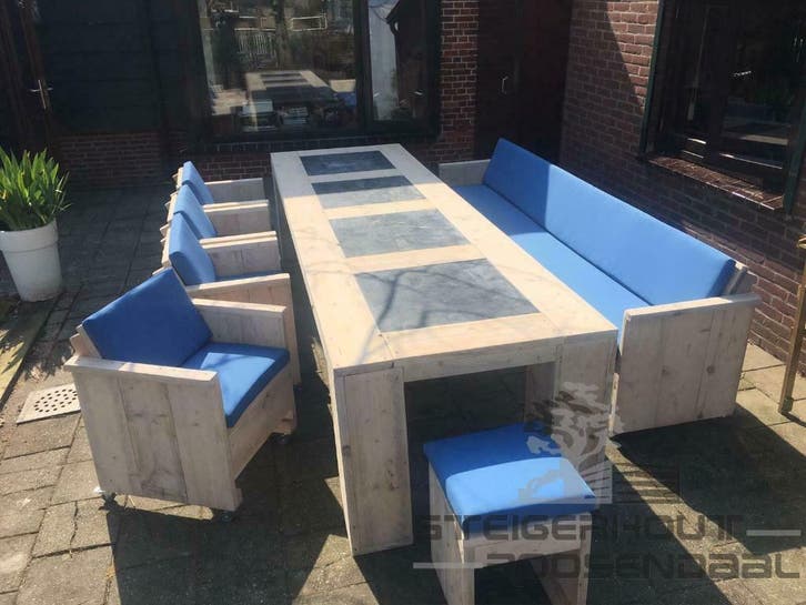Steigerhouten tuinset Exclusieve met natuursteen steigerhout, Jardin & Terrasse, Ensembles de jardin, Envoi