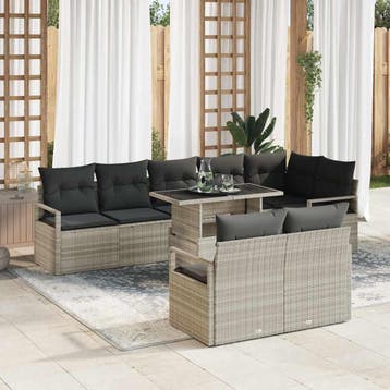 vidaXL Tuinbank Set met kussen 9 pcs Lichtgrijs poly rattan, Verzenden, Nieuw