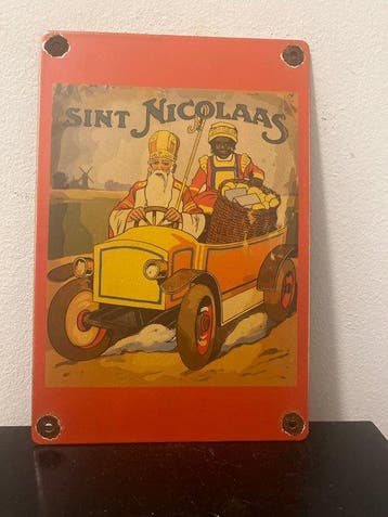 Vintage Sint Nicolaas reclamebord met klassieke auto – retro
