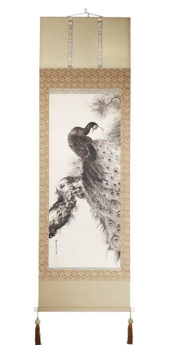 Kakejiku, Ink on Paper, Peacock on Pine & Rock - Shda