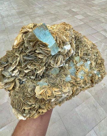 Cristaux daigue-marine dexception sur mica dorée de