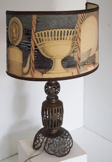 Large Filagree bronze table lamp/shadow Fornasetti fabric -