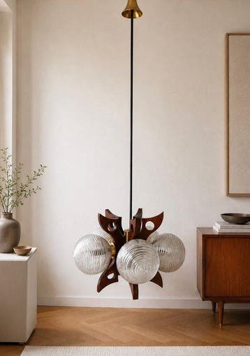 space age solid wood glass lamp with brass - Lampe à