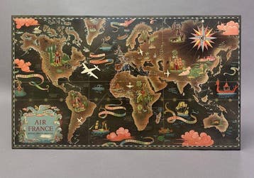 Air France Wereldkaart luchtvaartmaatschappij - 1950-1960 -, Antiek en Kunst