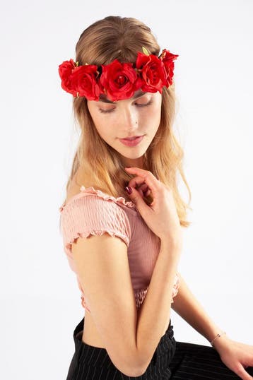 KIMU® Bloemenkrans Haar Rozenkrans Rood Rode Bloemen Haarban, Ophalen of Verzenden